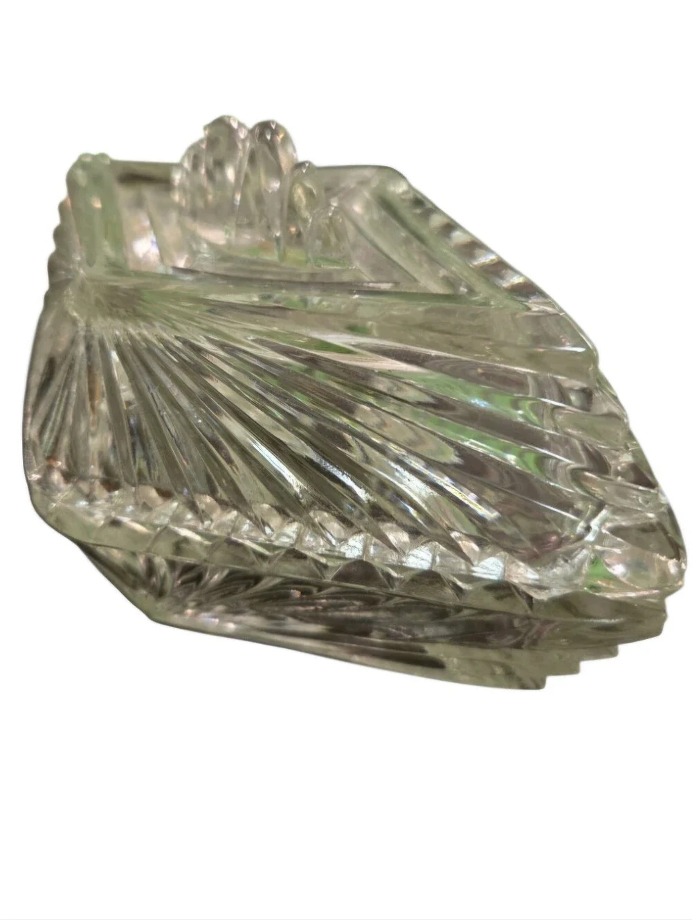 vintage Art Deco diamond-shaped ribbed glass lidded trinket with sawtooth edge.